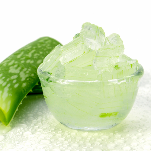 Bright green aloe vera leaves are lying on a white surface next to a clear glass bowl filled with clear jelly-like chunks.