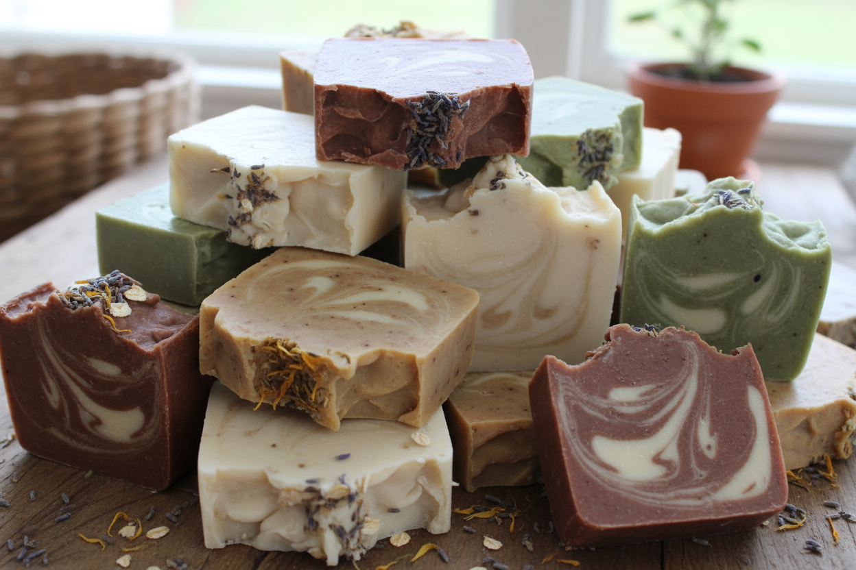 big pile of handmade soaps