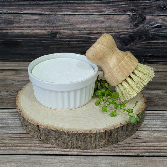 Peppermint Solid Dish Soap with Bamboo Brush (in white ramekins)